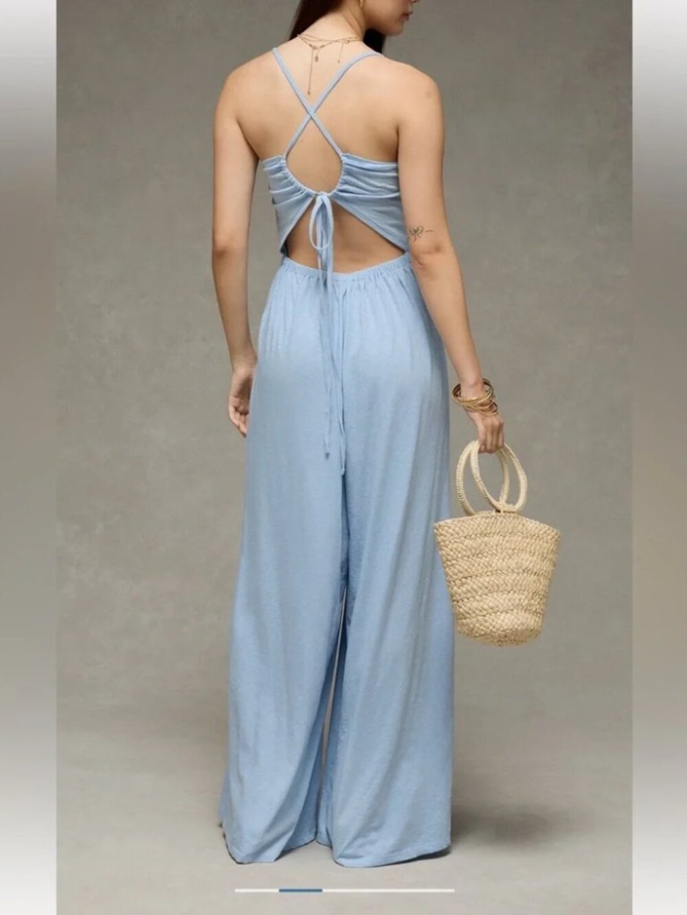 AE AMERICAN EAGLE Blue Strappy Wide Leg Smocked Jumpsuit - Large - NEW NWT